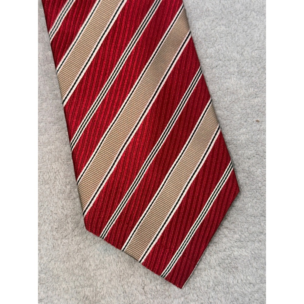 Geoffrey Beene Mens Red Tan Striped Silk Necktie Stain Resistant Classic Tie